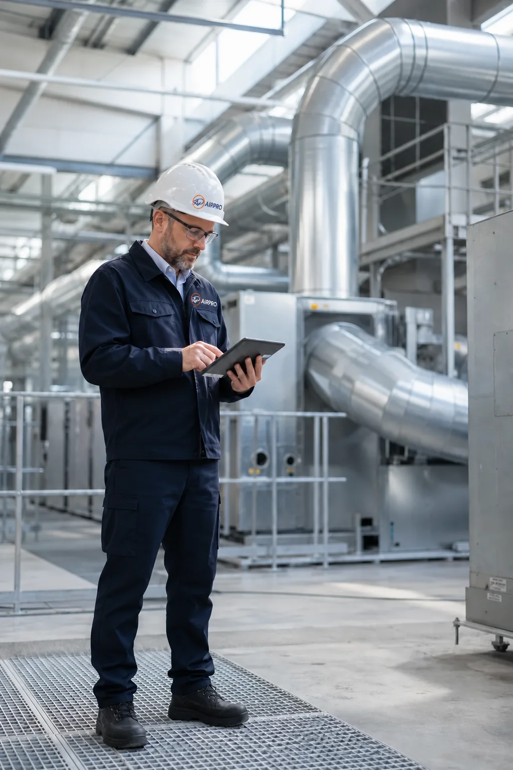 AIRPRO-Ingenieur bei der Prüfung einer industriellen Luftaufbereitungsanlage