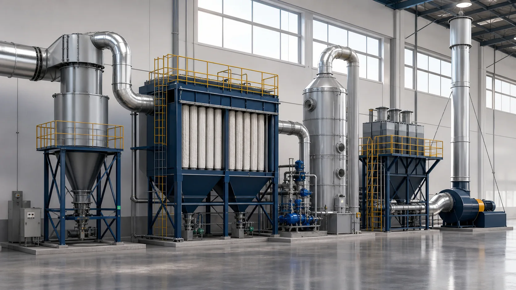 Chaîne complète d’épuration de l’air industriel avec filtration et traitement des gaz