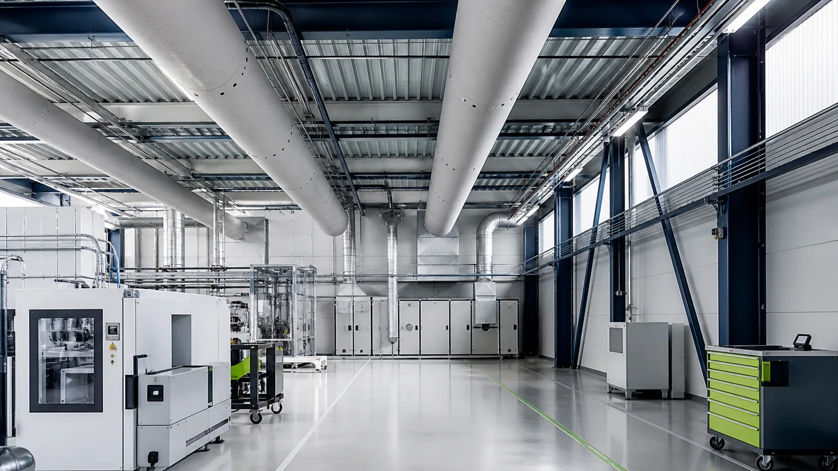 Diffusion d’air climatisé dans un atelier industriel