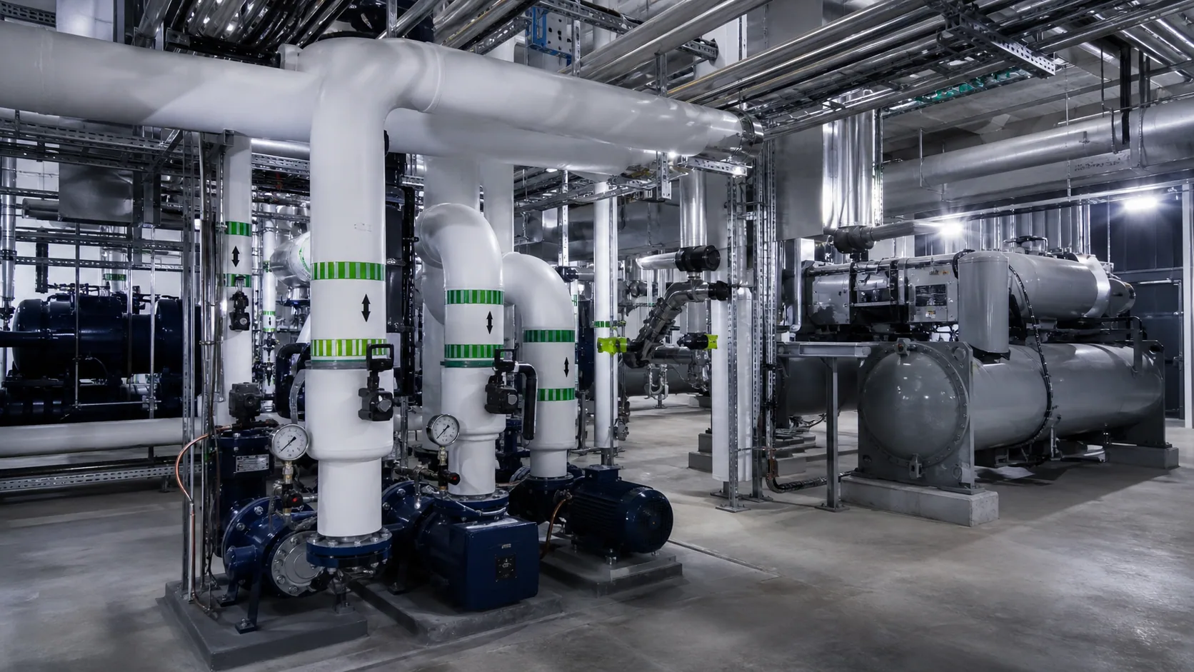 Groupe froid industriel, pompes et réseau hydraulique d’eau glacée