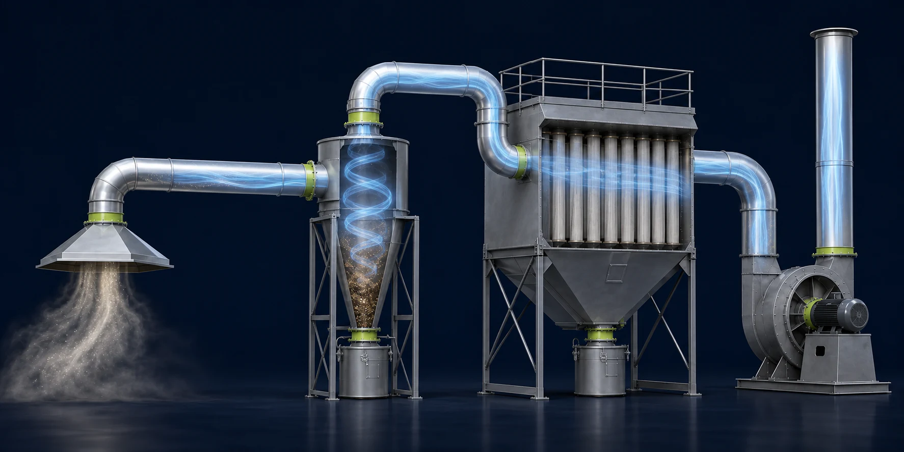 Technische Darstellung einer Entstaubungsanlage mit Absaugung, Zyklon, Industriefilter und Ventilator