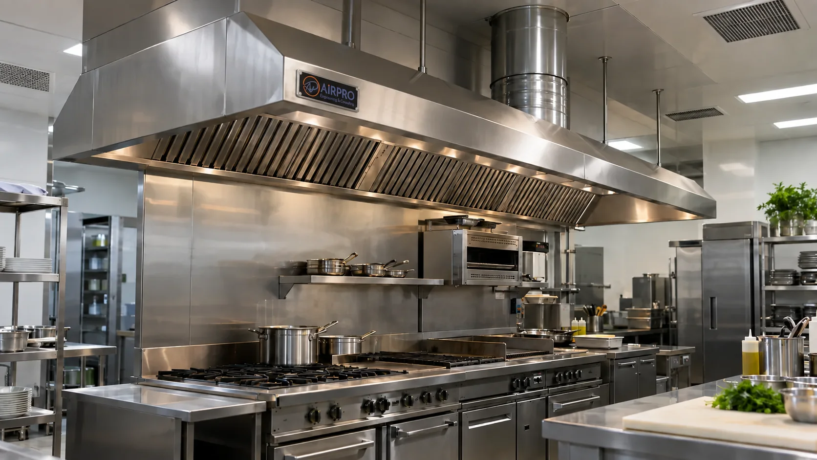 Hotte d’extraction inox au-dessus d’une ligne de cuisson professionnelle