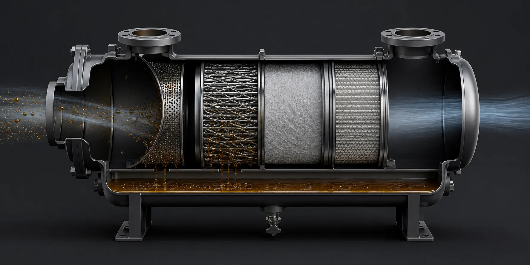 Vue en coupe d’un séparateur industriel multi-étage pour brouillards d’huile
