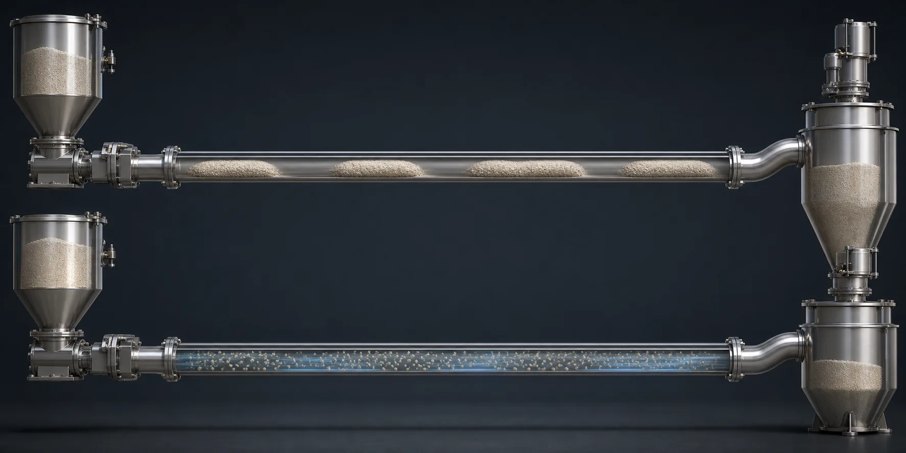 Visueller Vergleich der pneumatischen Förderung in der Dicht- und der Verdünnphase