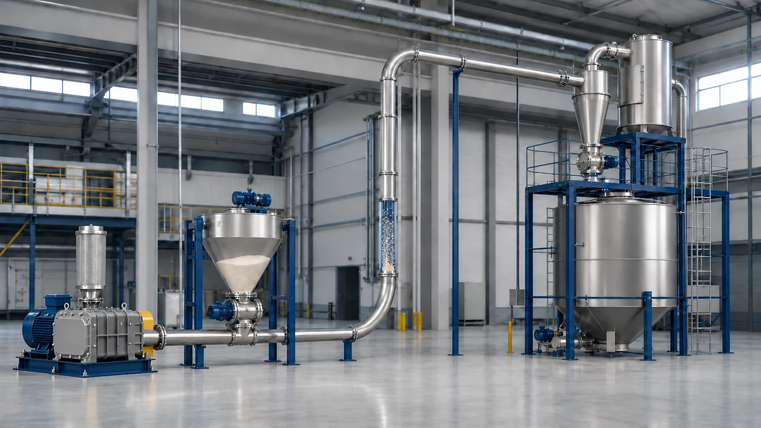 Komplette pneumatische Förderanlage zwischen einem Trichter und einem Aufnahmesilo