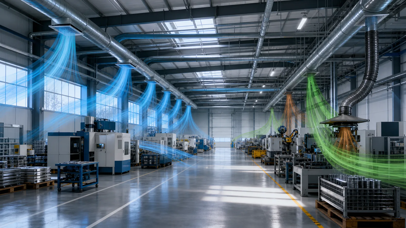 Visualisierung der Frischluft- und Abluftströme in einer belüfteten Industriehalle