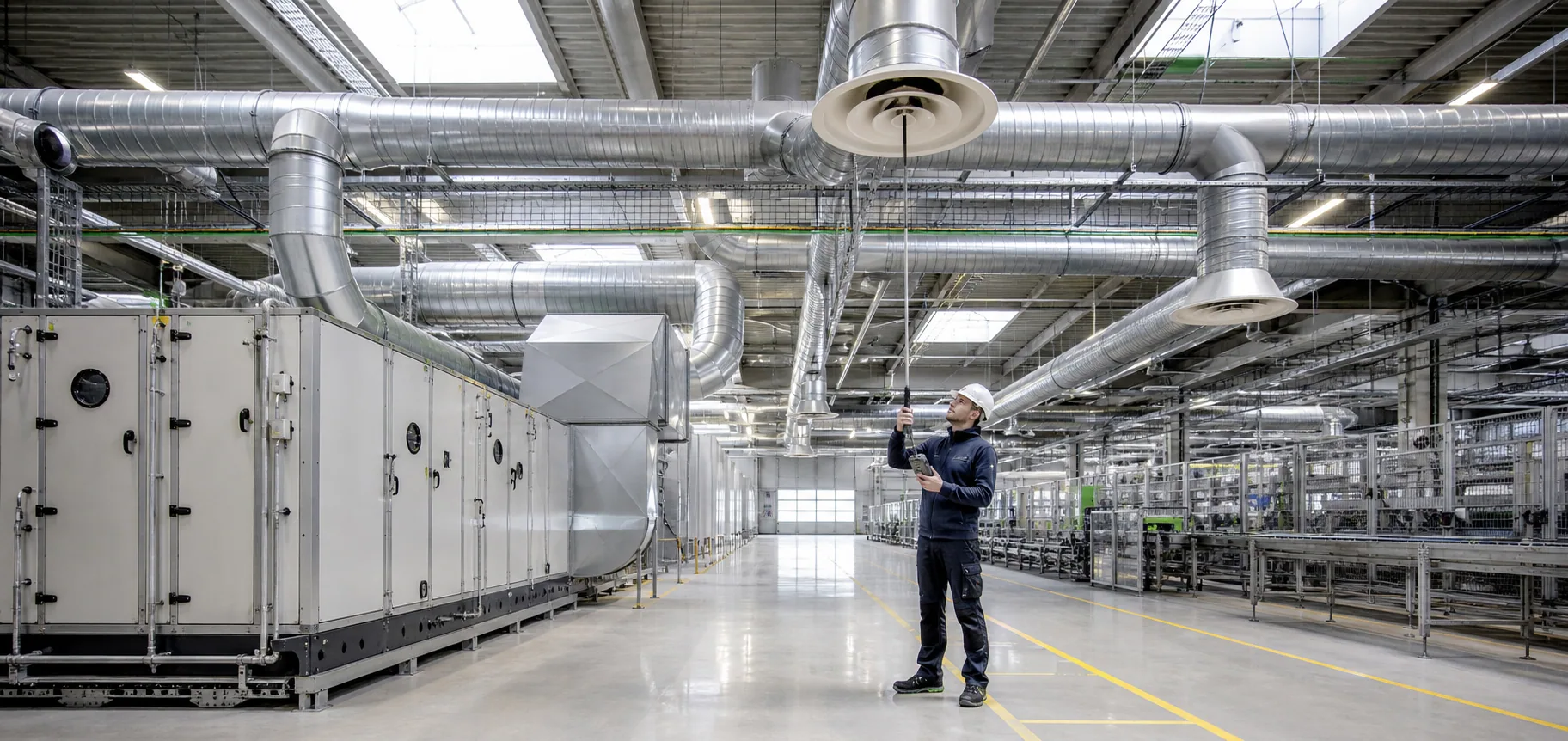Réseau de ventilation dans un atelier industriel